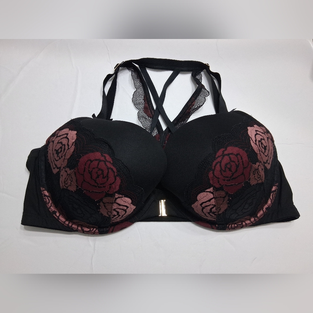 Cacique Boost Plunge W/Strappy Back & Front Closure Black and Rose Lace Bra Pre-